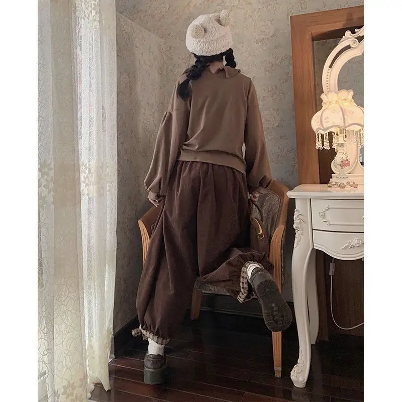 Retro 3D Flower Lantern Pants for Women's Spring and Autumn 2024 New Kawaii Lolita High Waist Loose Versatile Wide Leg Pants