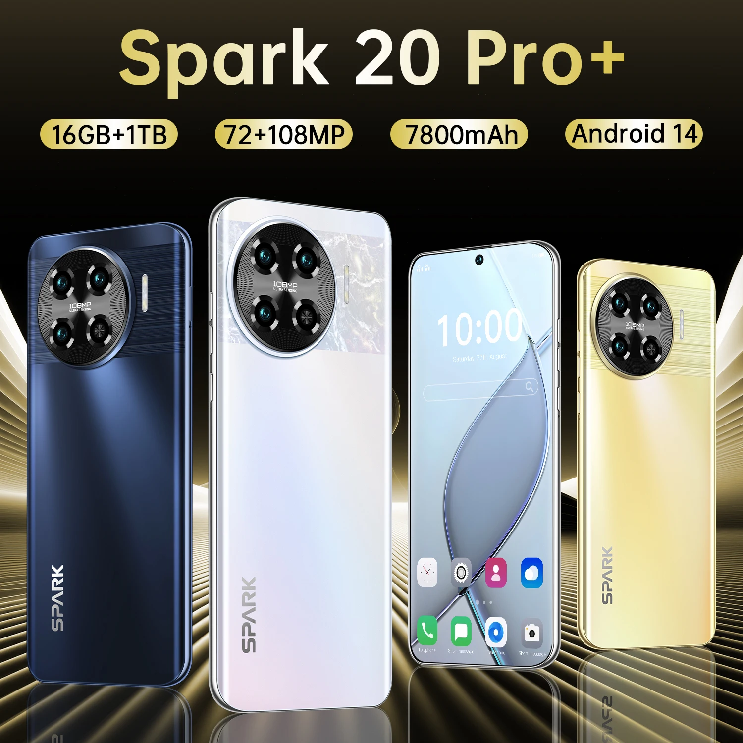 글로벌 VER 스파크 20 프로 스마트폰, 쿼드 코어, 16GB + 1TB, 7.6 인치 스마트폰, 안드로이드 13 휴대폰, 7800 mAh 배터리, 페이스 1D