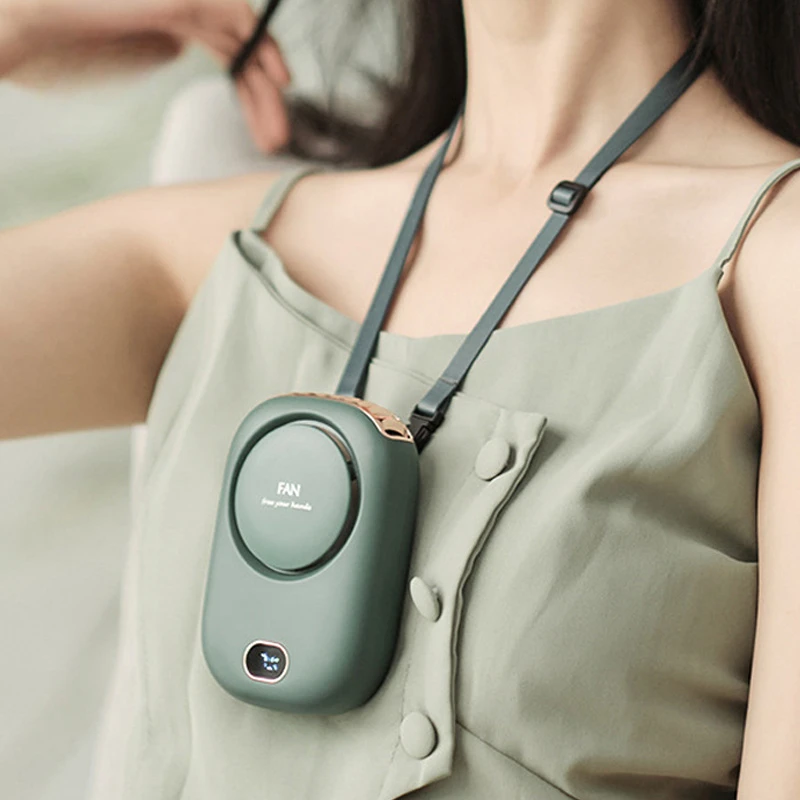 

New Hanging Neck Fan Lazy No Leaf USB Hanging Waist High Wind Digital Display Silent Desktop Mini Electric Fan Outdoor Camping