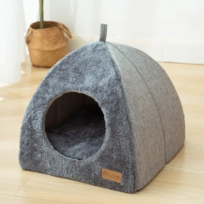 

Indoor Plush House Kitten Cat Pet Stuff Gray Dogs Foldable Tent Small Cave Bed Non-slip Bed Semi-enclosed Cats Kennel Sleeping