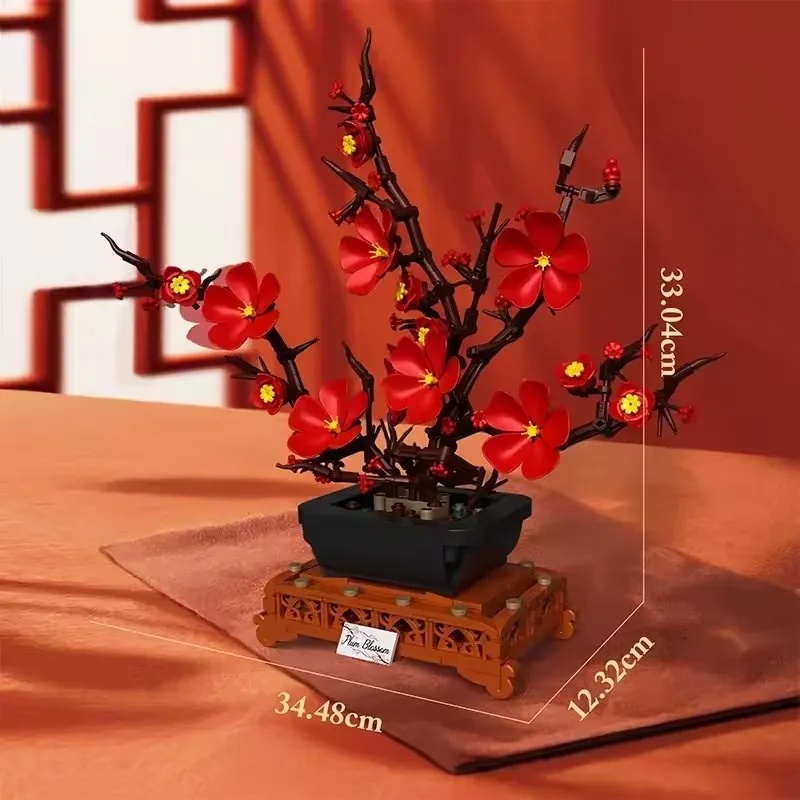 새로운 장난감 669PCS 보존 꽃 블록 창의적인 장식품 매화 꽃 분재 블록 세트 어린이 및 성인 선물용