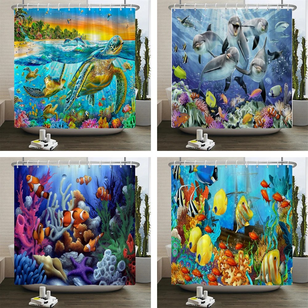 

Ocean Sea Dolphin Turtle 3D Printed Waterproof Shower Curtain Blue Underwater World Animals Pattern Bathroom Curtains with Hooks