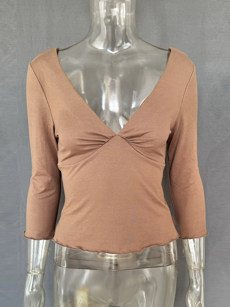 JULISSA MO Sexy Deep V-neck Side Slit Women T-shirt Apricot Short Sleeve Y2k Short T-shirt Female Spring Slim Casual Streetwear 6