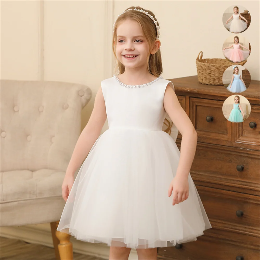 Toddler Girl Floral Tulle Pearl Dress with Bow, Backless Princess Party Gown