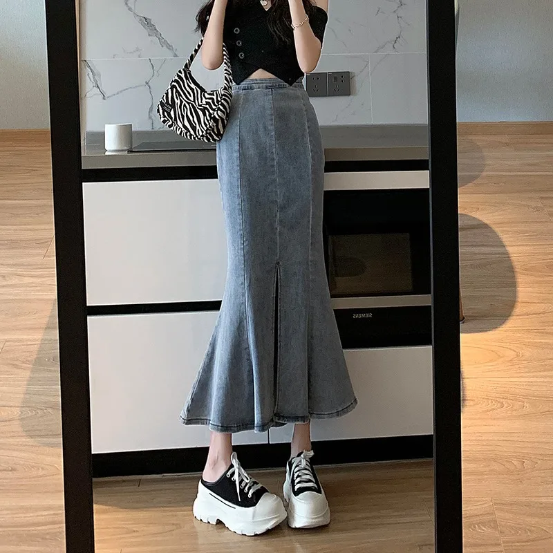 

Модная женская винтажная однотонная модная простая повседневная Уличная одежда в Корейском стиле с высокой талией и разрезом, свободная прямая юбка