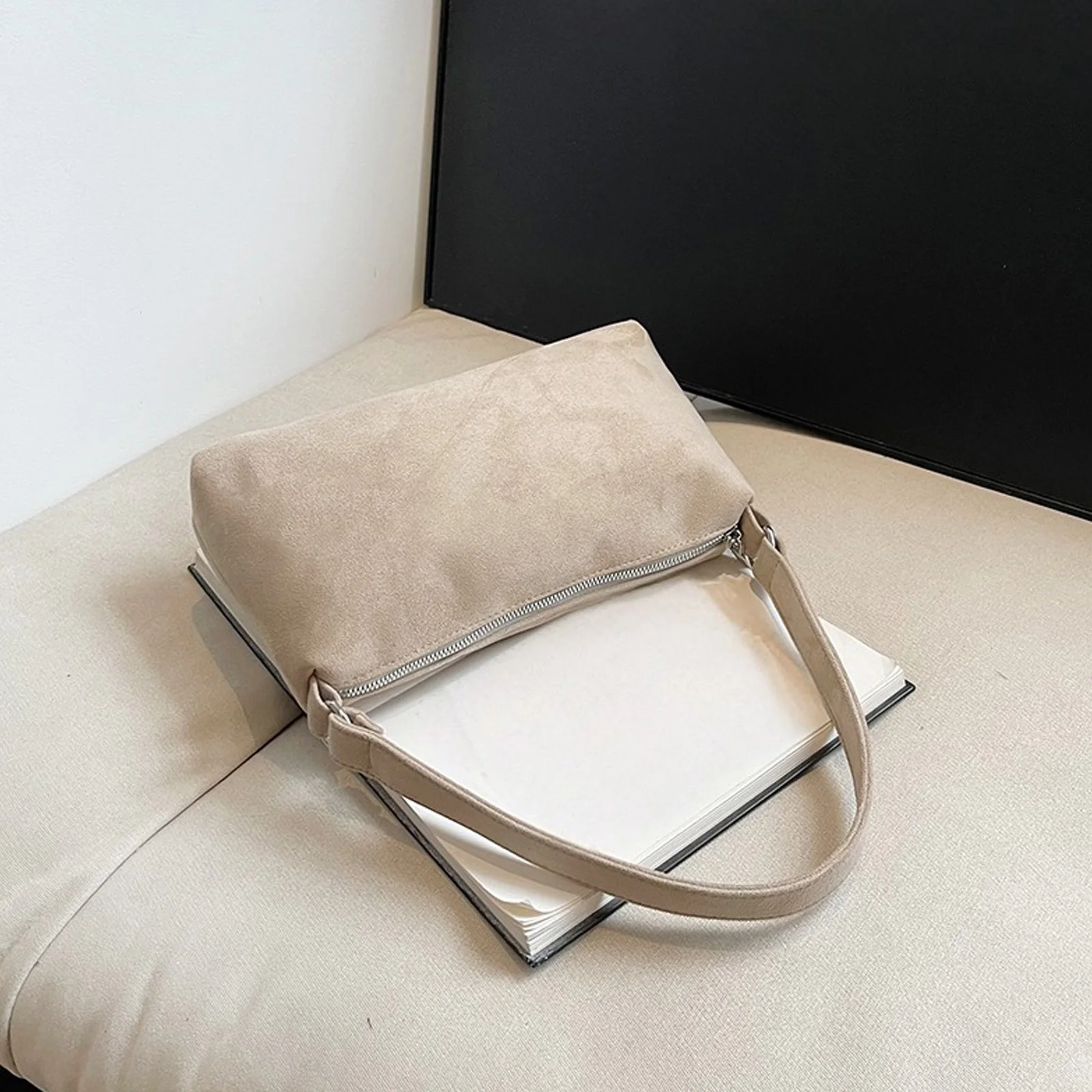 Suede Small Square Bag Zipper Closure Simple Underarm Bag Stylish Armpit Bag Travel Date Shopping Handbag