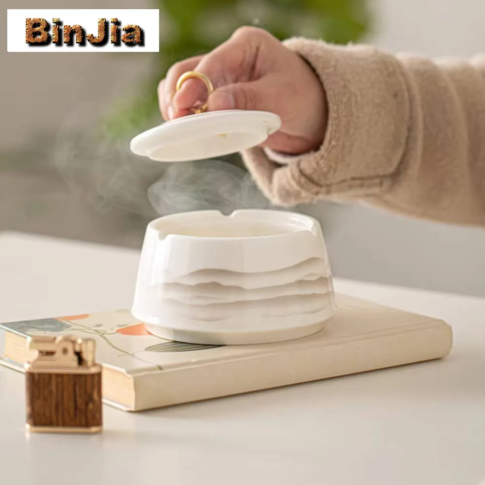 Sheep Fat Jade Ink Distant Mountains Ceramic Covered Ashtray With Anti Fly Ash Small Size Home Office Living Room Decoration 5