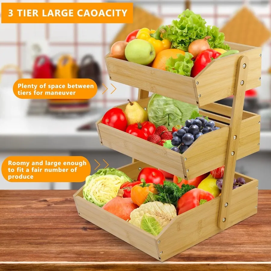 Fruit Basket for Kitchen Counter 3 Tier Fruit Stand Fruit Vegetable Storage Basket Fruit Bowl for Kitchen Counter Large Bamboo
