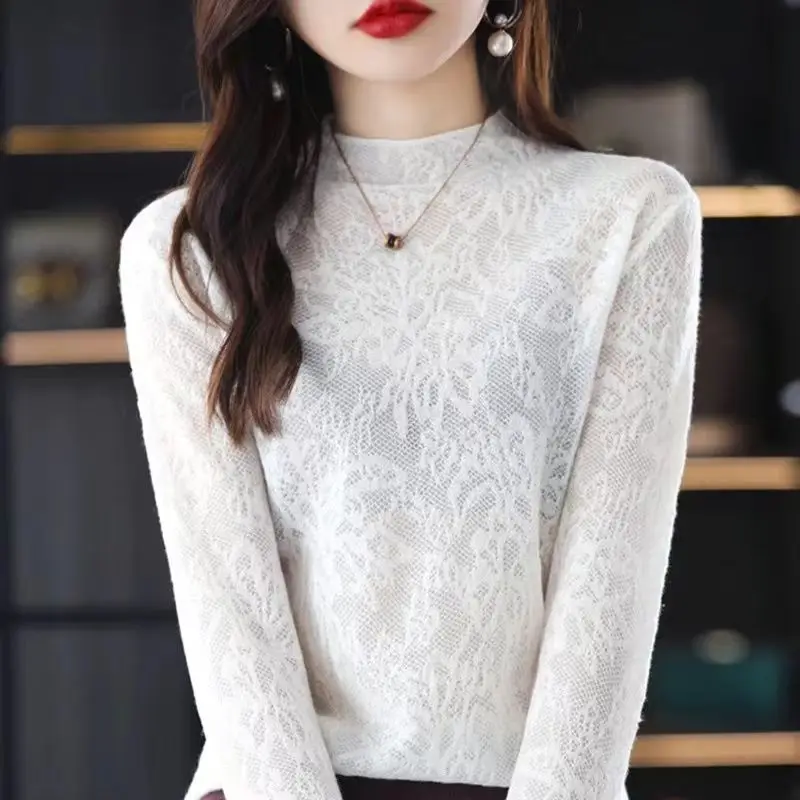 

Lace Hollow Out Knit Women's Thin Spring Autumn New Half High Neck Top Women's Pullover Sweater Bottom Summer Sweater Mujer