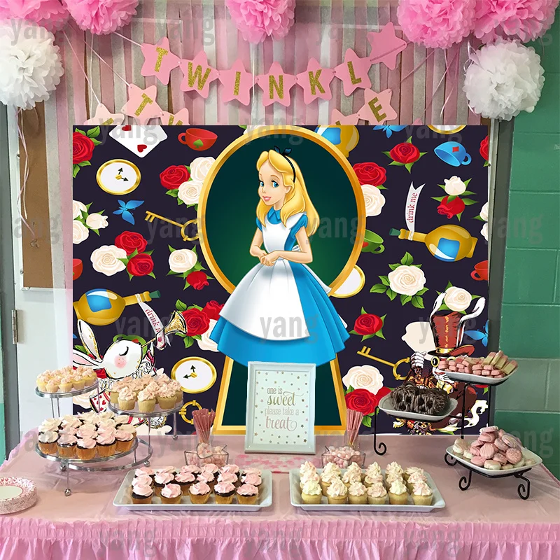 Disney Alice Wonderland Birthday Theme Decorations Princess Backdrop  Disposable Tableware Baby Shower Kids Party Supplies Gift