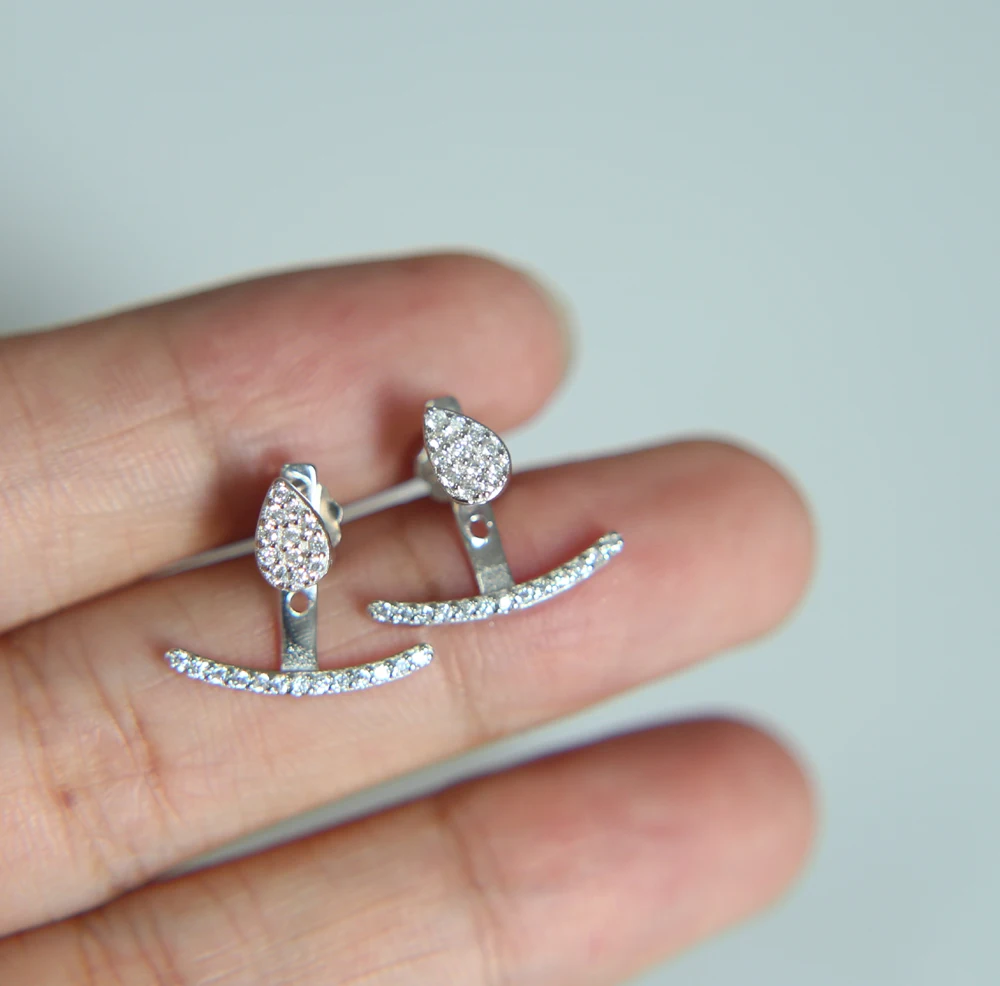 Geometrica Piccolo Cz Waterdrop Borchie Bar Posteriore 925 Sterling Silver Fronte Retro Double Sided Orecchino