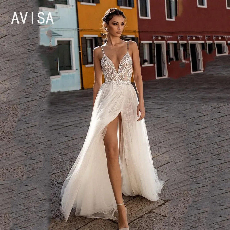 

Sexy Beach Wedding Dress Vestido de noiva Side Split Lace Tulle Bohemian Bridal Dress Sleeveless Spaghetti Straps Wedding Gowns