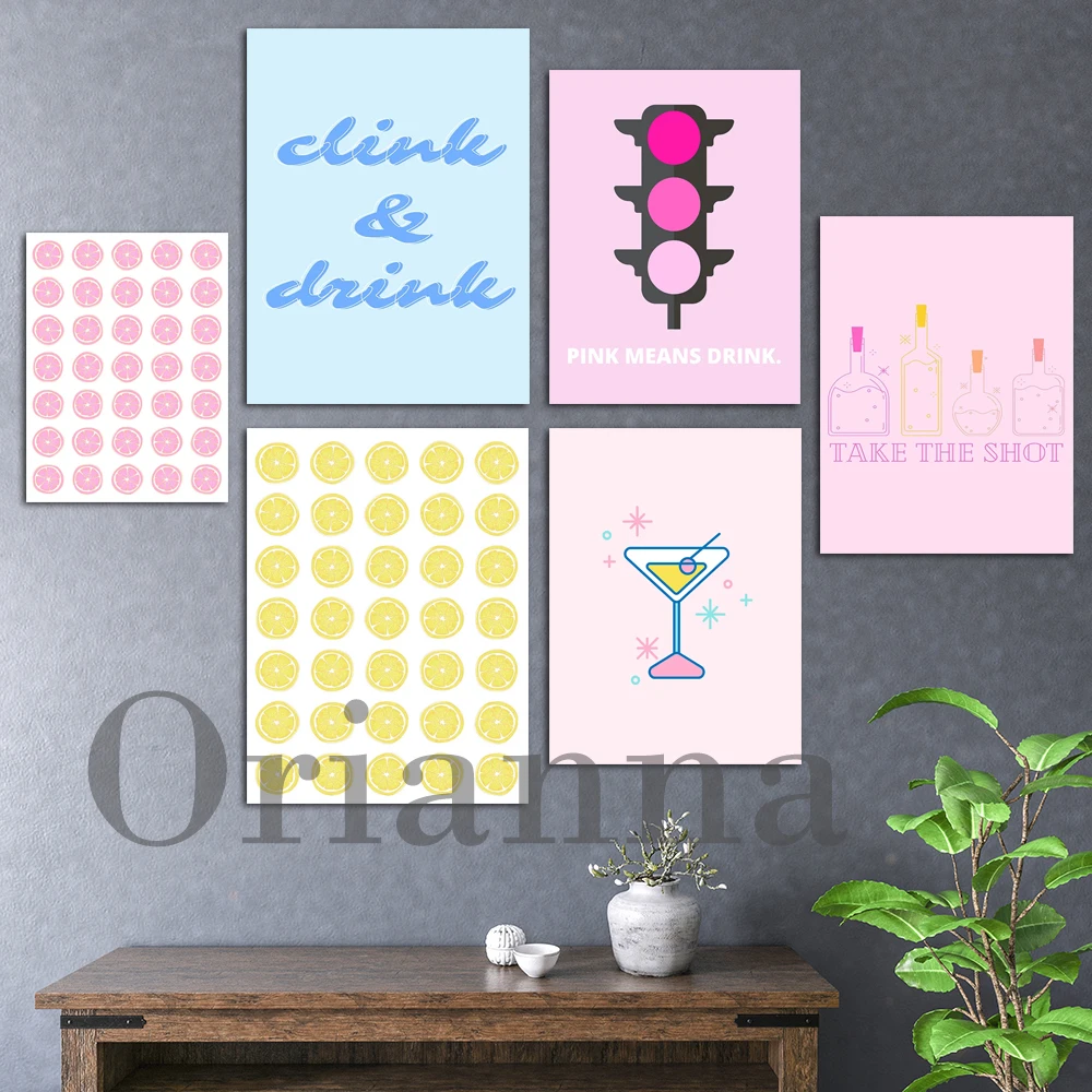 Pink Stoplight Retro Martini Yellow Lemon Fette Bar Cart Clink & Drink Blue Wall Art Prints Poster Kitchen Bar Decor Painting