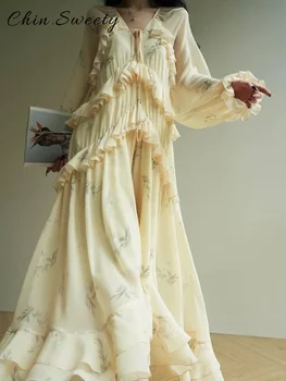 Elegant Printed Cascading Ruffles Long Dress Women Lace Up V-neck Full Sleeve A-line Dresses 2026 Early Spring High Street Robes 1