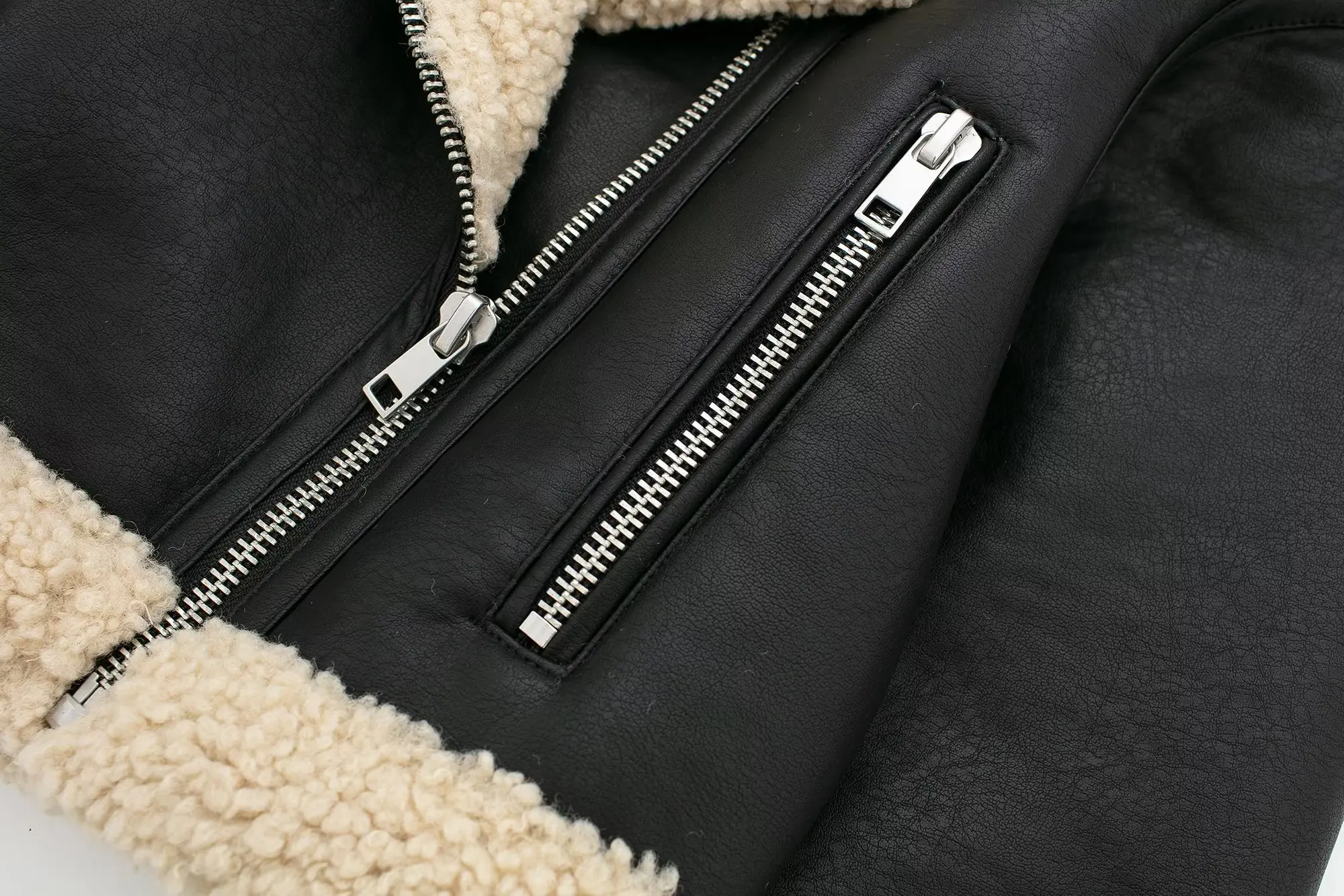 Women Lapel Long sleeve Zipper Stay Warm Coat Biker Outerwear Winter Vintage Double Face Lamb Fur Faux Leather Jacket Black