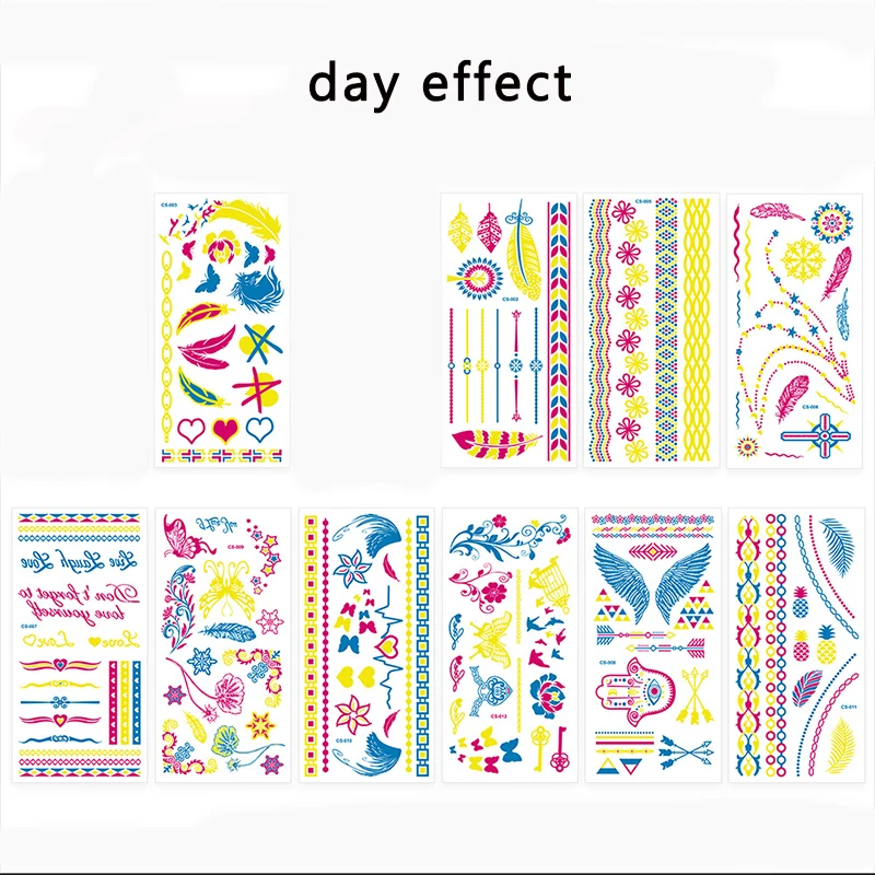 Waterproof UV Light Temporary Tattoos Party Night Bar Butterfly Feather Wing Hamsa Pattern Body Sticker False Tattoos