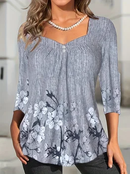 Women's east waist shirt, fashionable button print long-sleeved regular top, square neck casual spring and autumn clothing 1