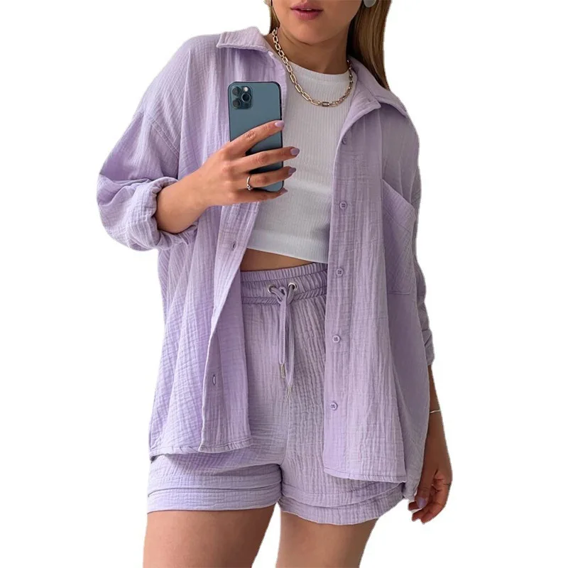European Women's Pleated Collar Long Sleeve Blouse with High-Waist Drawstring Shorts Fashion Leisure Set