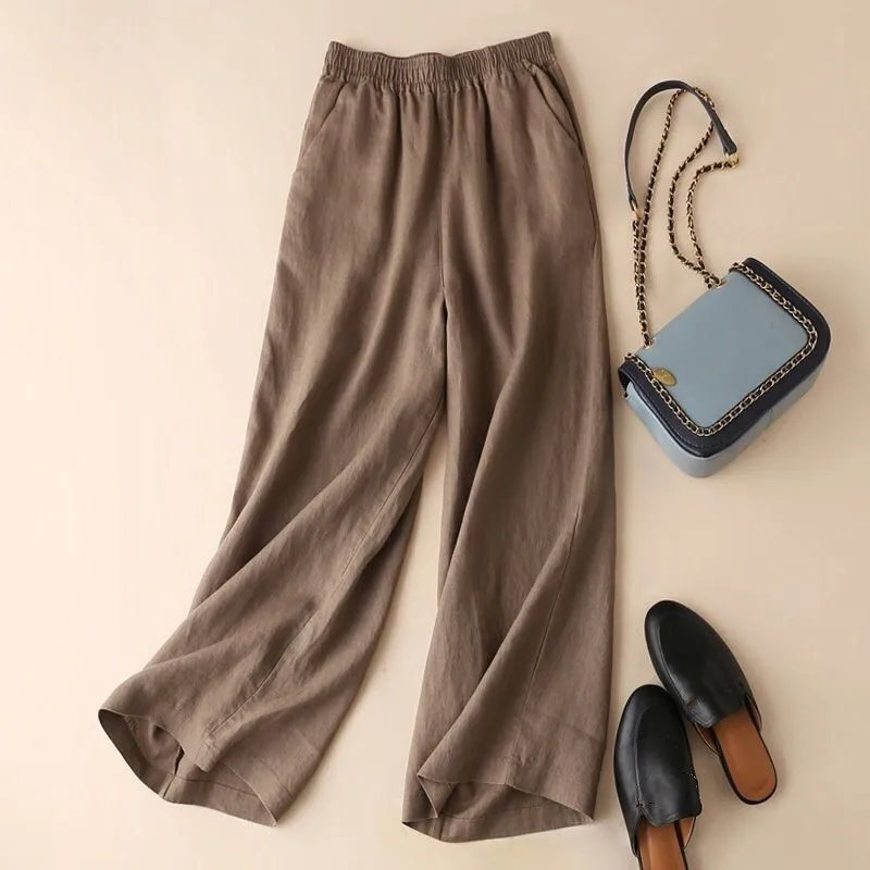Coffee-colored cotton wide-leg pants