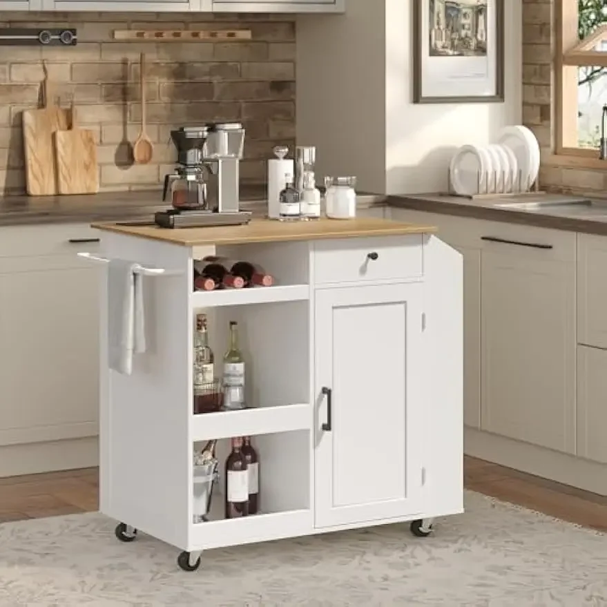 Nordic Kitchen Island with Power Outlet, Storage with Drawer, Spice, Towel, Wine Rack, Rolling Cart