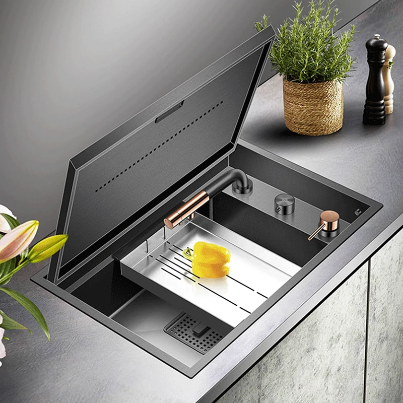 Nanometer Black Hidden kitchen Sink SUS 304 Stainless Steel 4mm Thickness Flip Cover Hidden Handmade kitchen Sinks 2