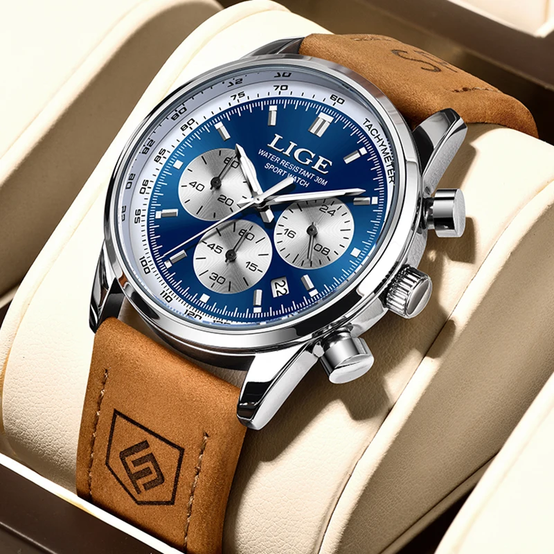 Men's Luxury Quartz Chronograph Leather Watch - Elegant & Waterproof Sport Design by LIGE