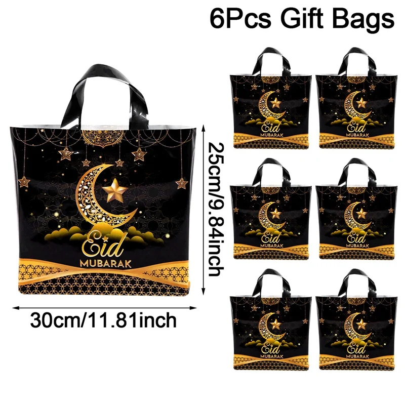6개입 이드 무바라크 재사용 가능한 선물 가방 내구성 있는 플라스틱 토트백 선물 포장 이슬람 무슬림 파티 용품 라마단 카림 장식
