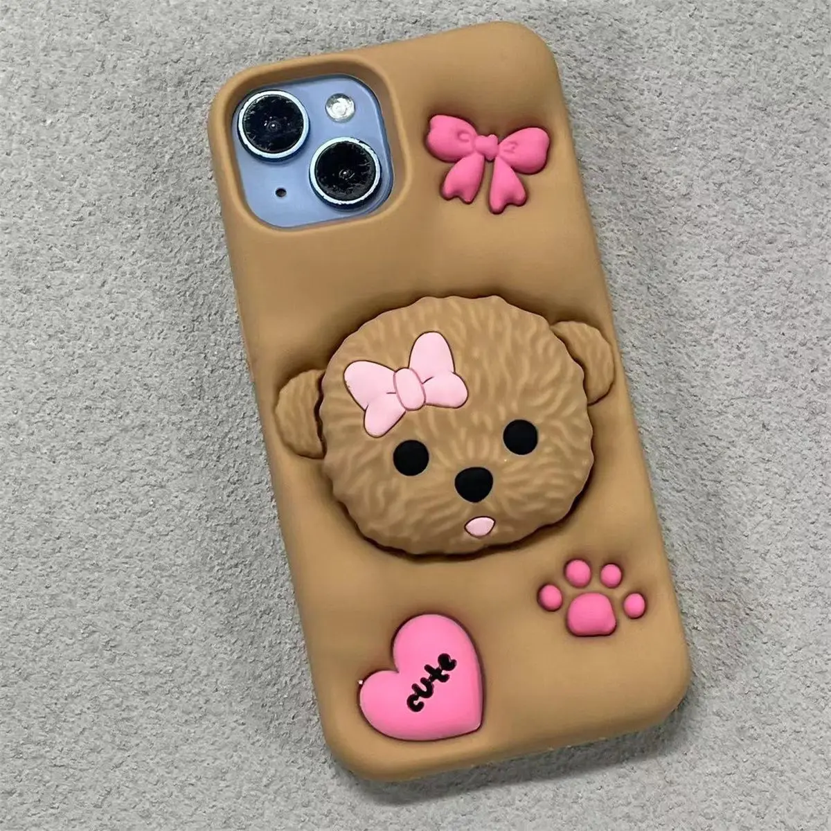 Kawaii 3D Cartoon Puppy Dog Phone Case with Cute Paw Pop Holder and Soft Silicone Cover
