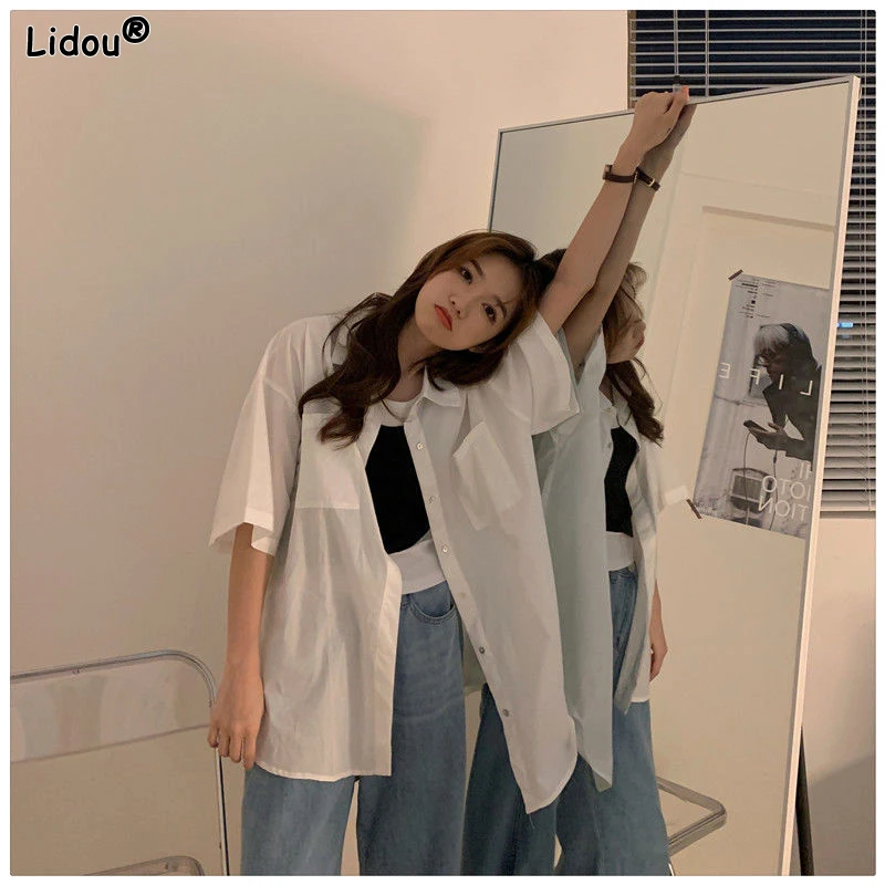 White Turn-down Collar Loose Solid Button Simplicity Fashion Casual Short Sleeve Pockets Thin Blouses Summer Women's Clothing