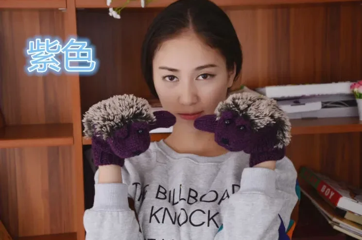 Women's Winter Gloves Without Fingers Knitting Wool Warm Mittens Fingerless Cartoon Hedgehog Gloves Birthday Present