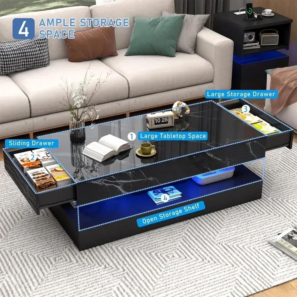 47inch Large High-Glossy LED Coffee Table with 2 Sliding Drawers, Living Room Storage Tables with Marbling Print