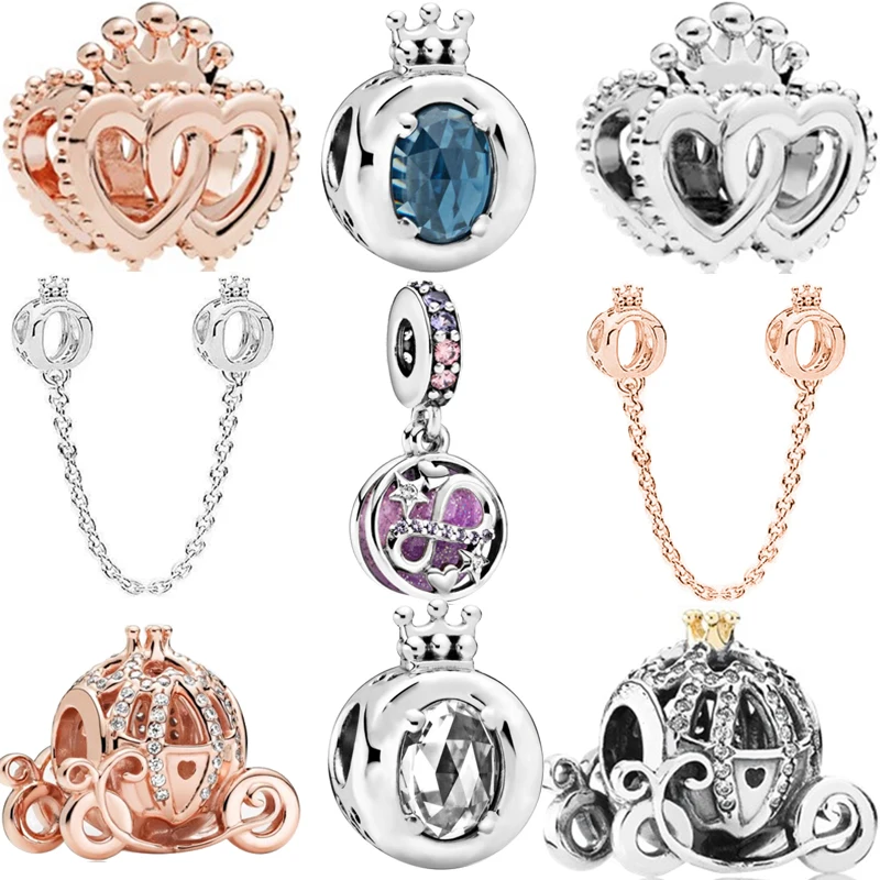 

Newest Zircon Crown Pendants Safety Chain Fit Original Pandora Charms Silver Color Bracelet DIY Women Jewelry Wholesale Custom