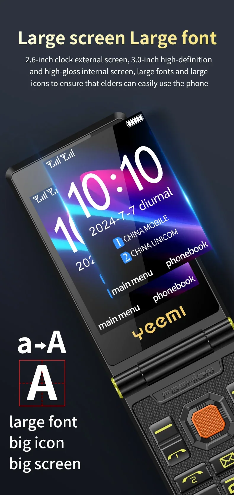 YeeMI M7+ 4G Rugged Feature Phone Big Button Full Band Flip Phone Dual SIM Dual Screen 6800mAh Big Battery Cellphone For Old Man