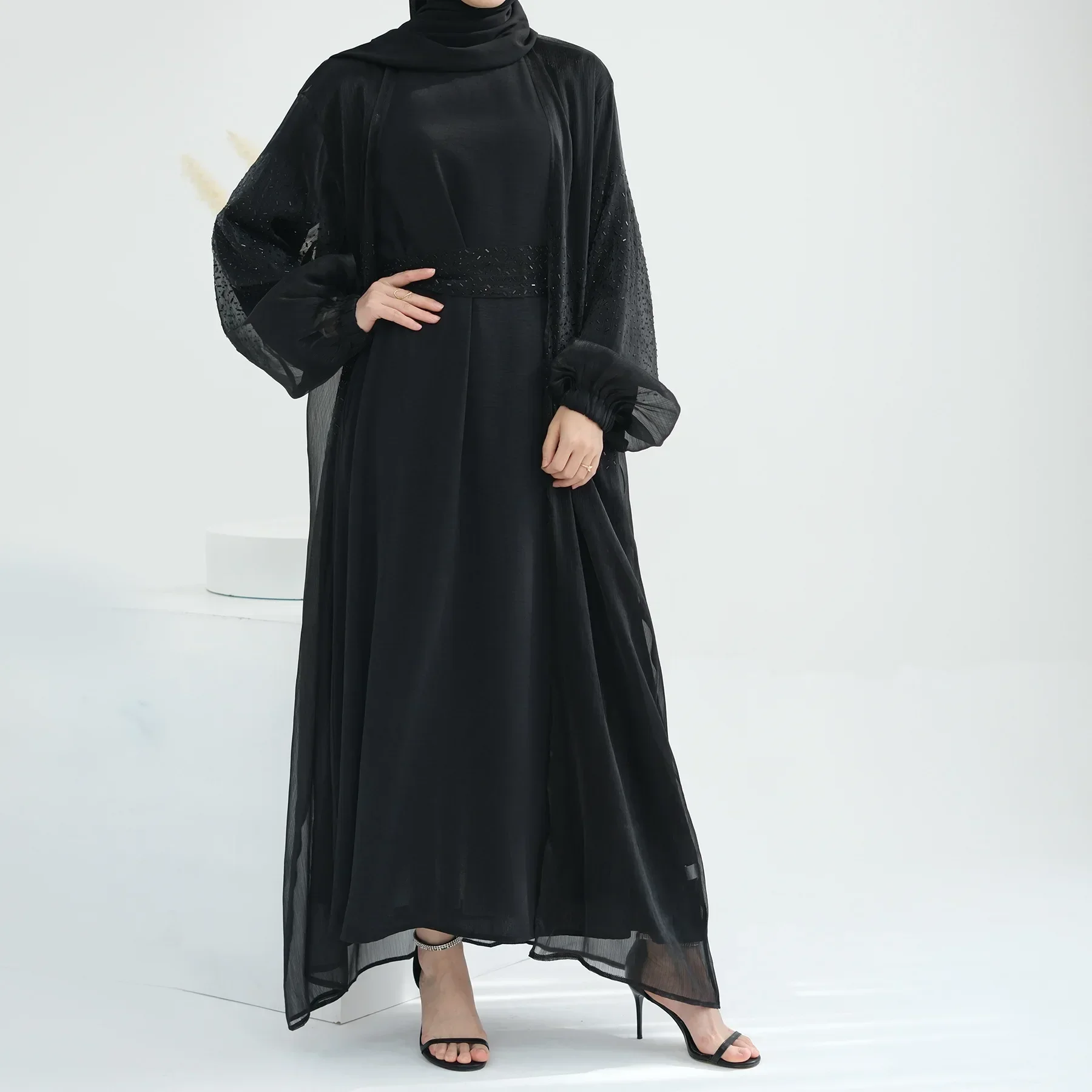 Ramadan Open Abaya Kimono Dubai Turkey 2 Piece Set Muslim Hijab Dress Islam Robe African Dresses for Women Morocco Outfit Kaftan