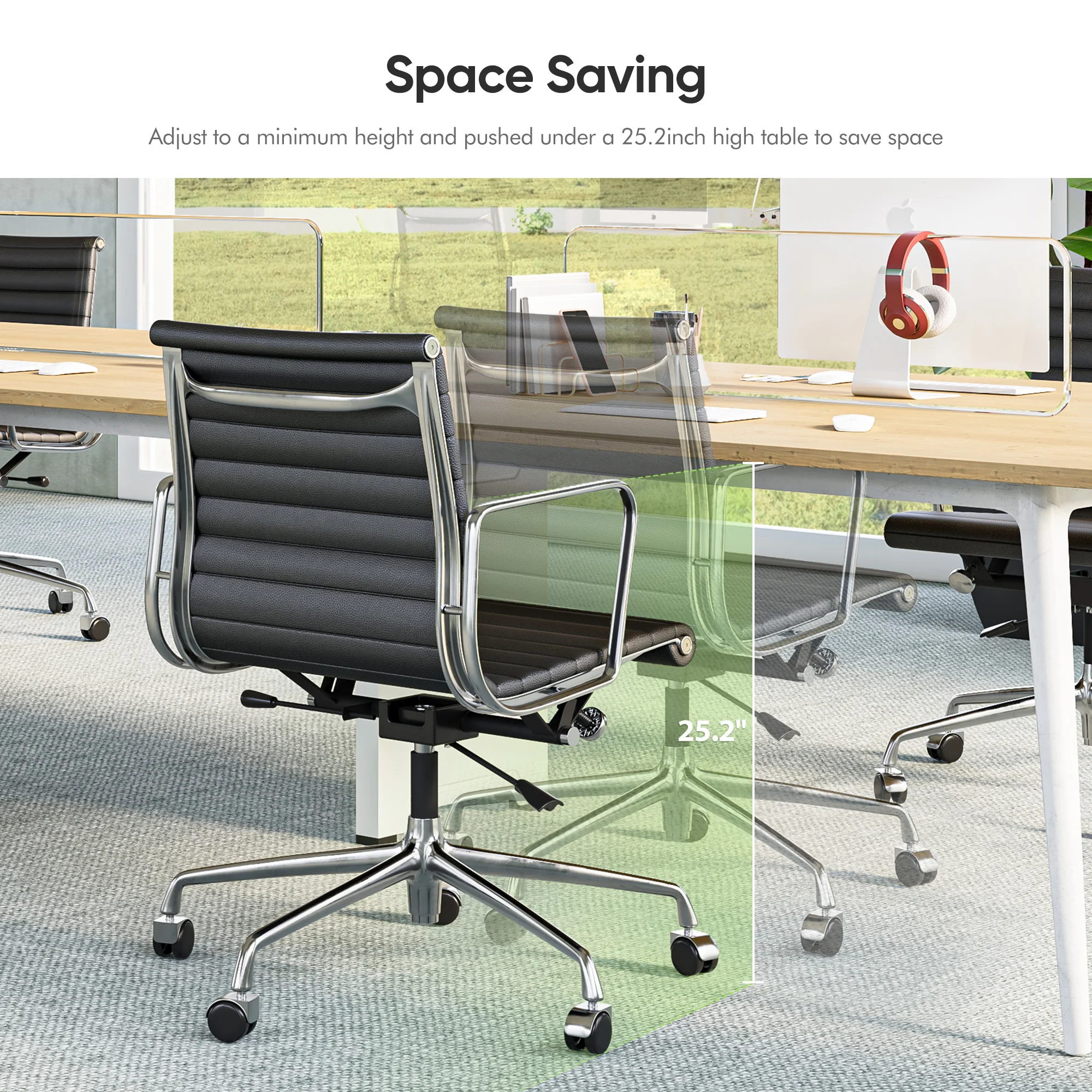 High Mid Back Ribbed Office Chair Genuine Leather Swivel Chair Adjustable Ergonomic Computer Chair with Aluminium Alloy Frame 6