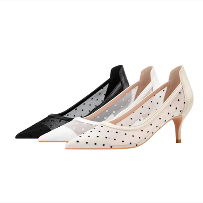 

Women Black Dot Pumps 6cm Med Thin Heels Shoes For Skinning Feet White Beige Slip-on Mesh Breathable Seam Chaussures 34-41 22cm