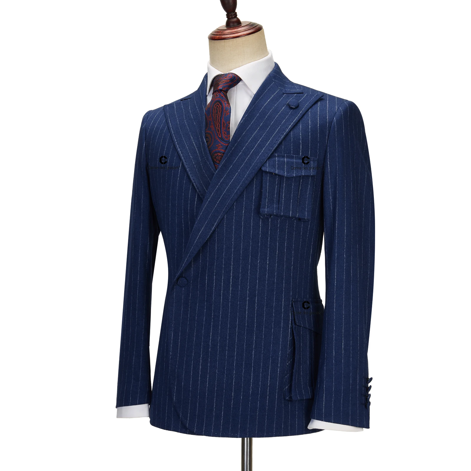Cenne Des Graoom Blue Pinstriped Suits for Men Right Side Button Peak Lapel Jacket Pants 2 Pcs Slim Fit Groomsman Wedding