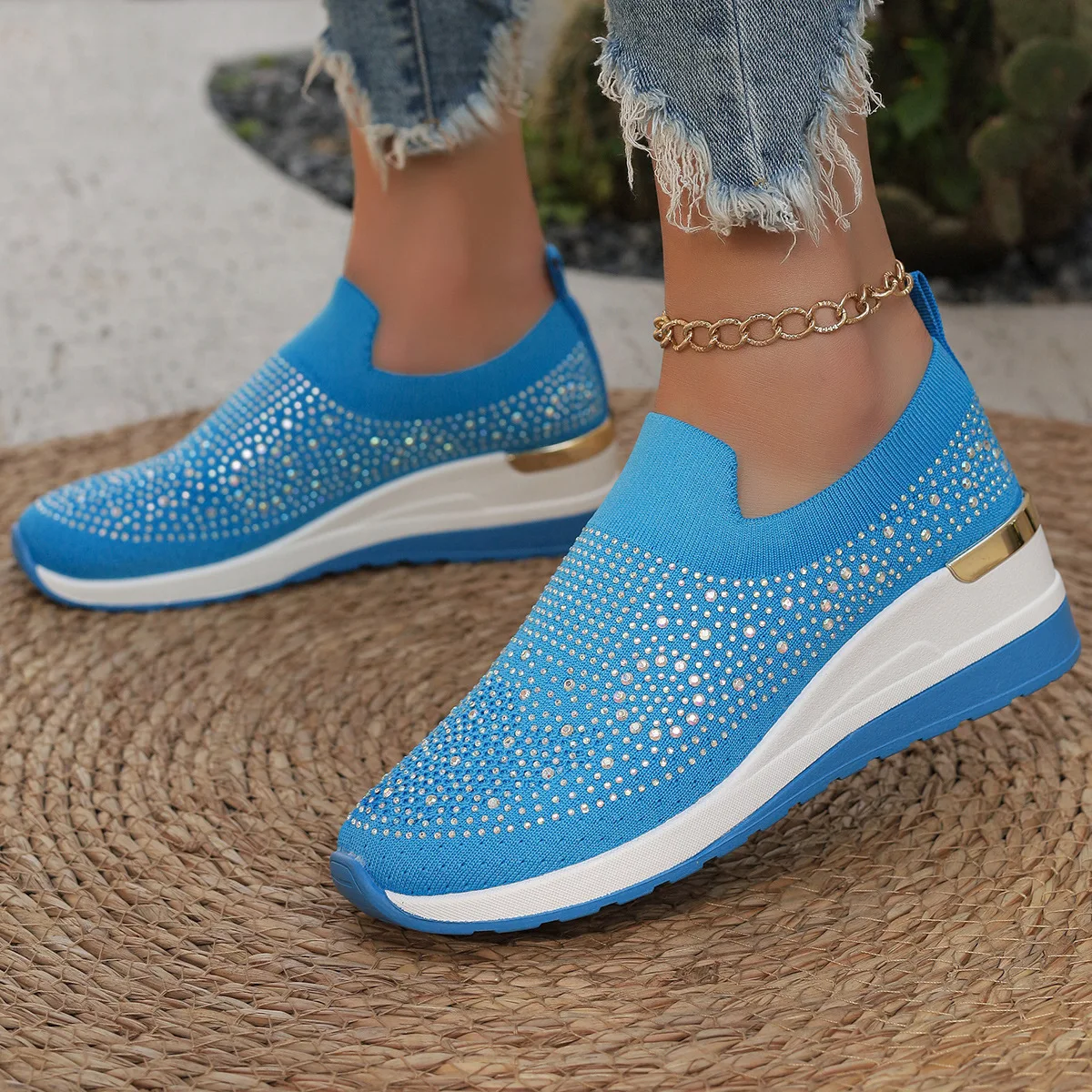 Orange Rhinestone Casual Sneakers Breathable Wedge Women Lightweight Shoes Slip On 2024 New Comfortable Spring Mesh Sports Shoes