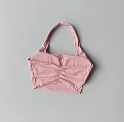 Summer New Sexy Halter Sports Bra with Chest Pads, Women's Light Luxury Fashion, Unique Pleated Design - S (LightPink)