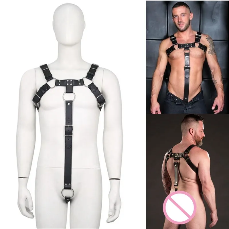 

Gay Rave Harness Men Adjustable Buckle PU Leather Body Shoulder Chest Harness Exotic Tanks Punk Gothic With Penis Rings Sex Toys