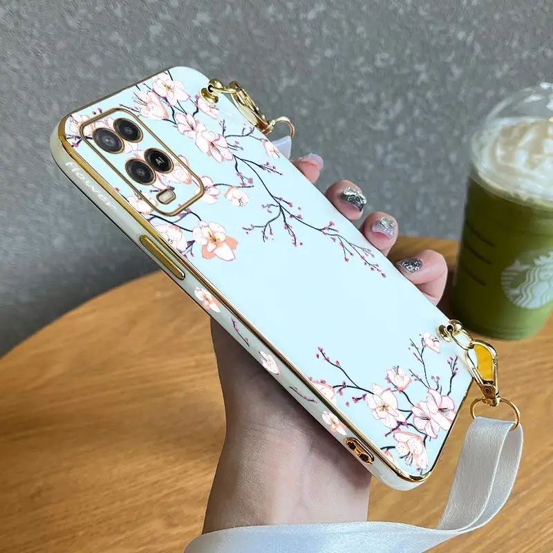 

Flowers And Plants Lanyard Plating Phone Case For Oppo A15 A15S A16 A16K A76 A77 A78 A53 A54 A55 A92 A94 A95 A83 F19 Cover