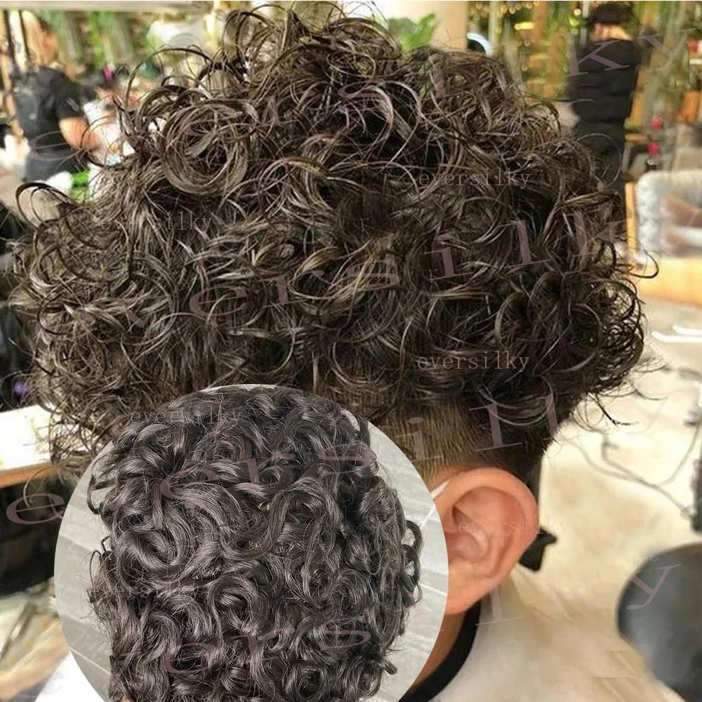 Human Hair Toupee 20mm Curly Men Wig Super Durable Full Thin Skin PU Injection Microskin Toupee Capillary Prosthesis 100% Human Hair Cheap System