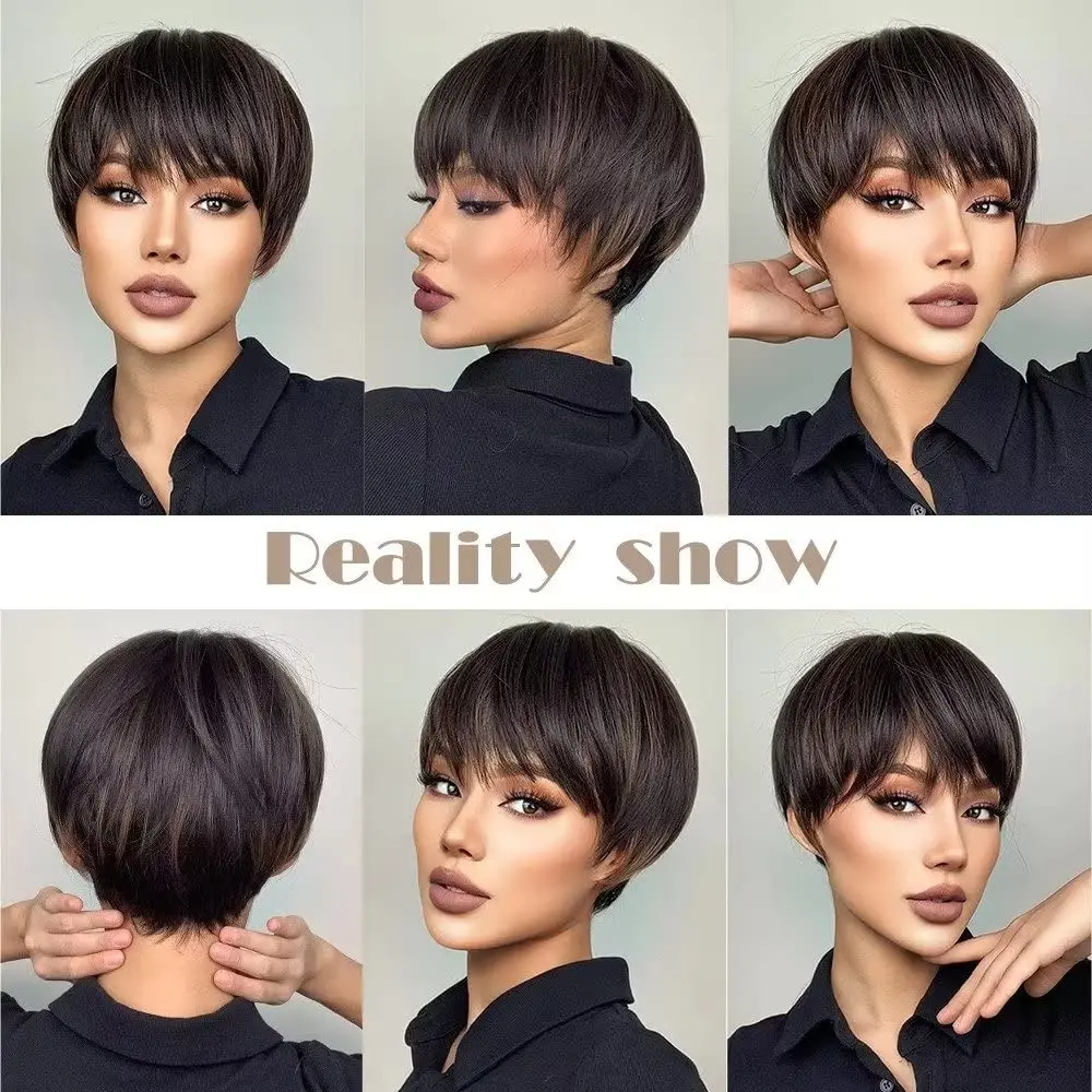 Fashion Short Straight with Bang Dark Brown Pixie Cut Wig for Women Hair Synthetic Heat Resistance Natural Looking for Daily Use - Image 6