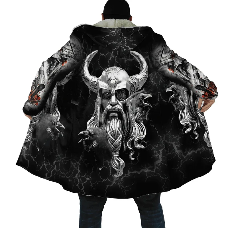 

Fashion Winter Men's Cape Viking Odin Warrior Tattoo 3D Printing Thickened Fleece Hooded Jacket Unisex Casual Warm Cape Coat