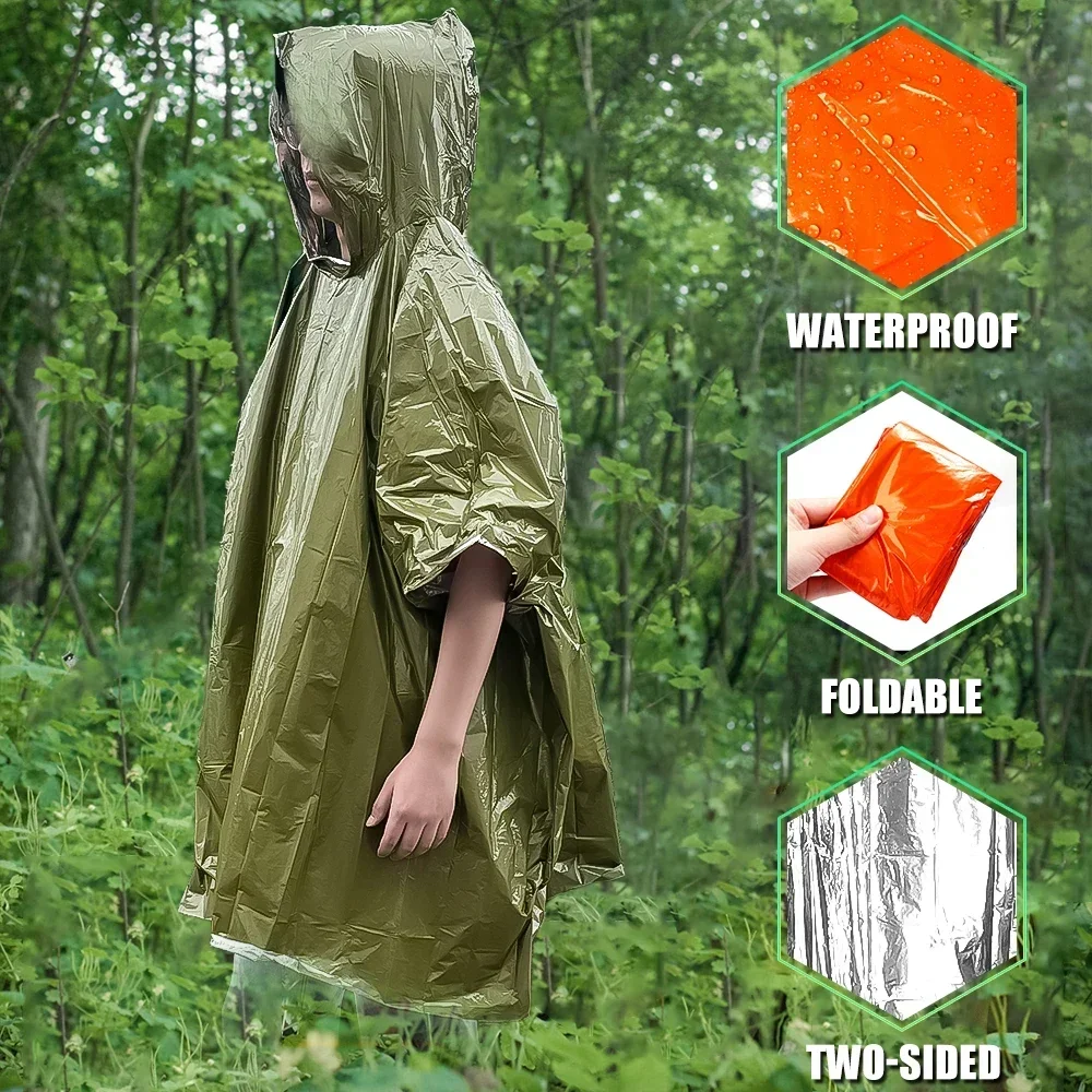 Outdoor Multifunction Raincoat Camping Waterproof Emergency Reflective Cloth Hooded Sleeve Rainwear Survival Equipment