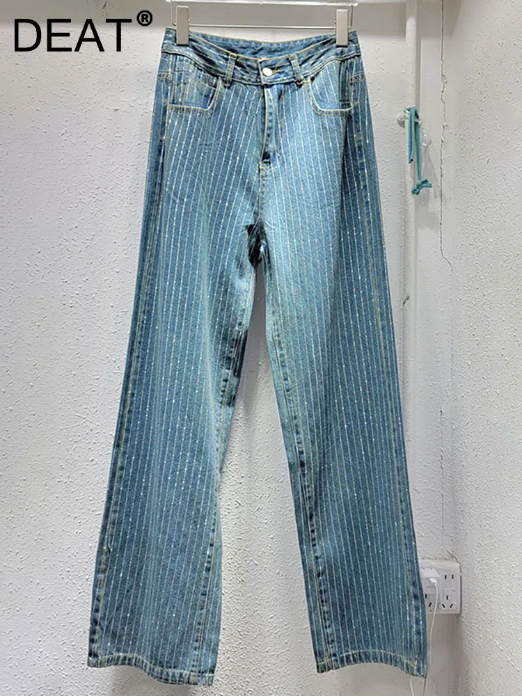 DEAT Women's Jeans High Waist Vertical Striped Hot Fix Rhinestone Diamond  Loose Straight Denim Pants 2024 Spring New Fashion - AliExpress