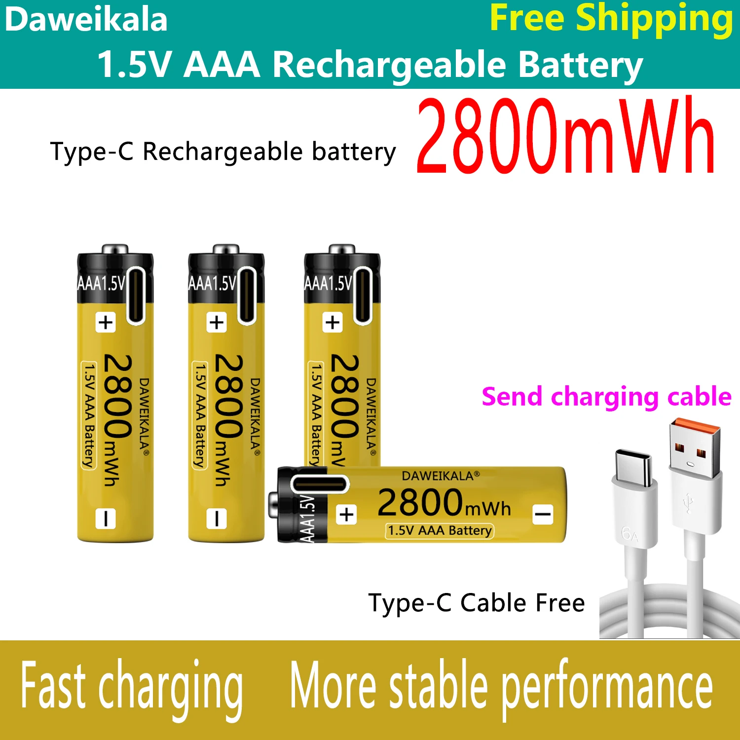 

2023 New USB direct charging AAA2800mWh Rechargeable battery zinc nickel 1.5V large capacity toy clock microphone Smart lock