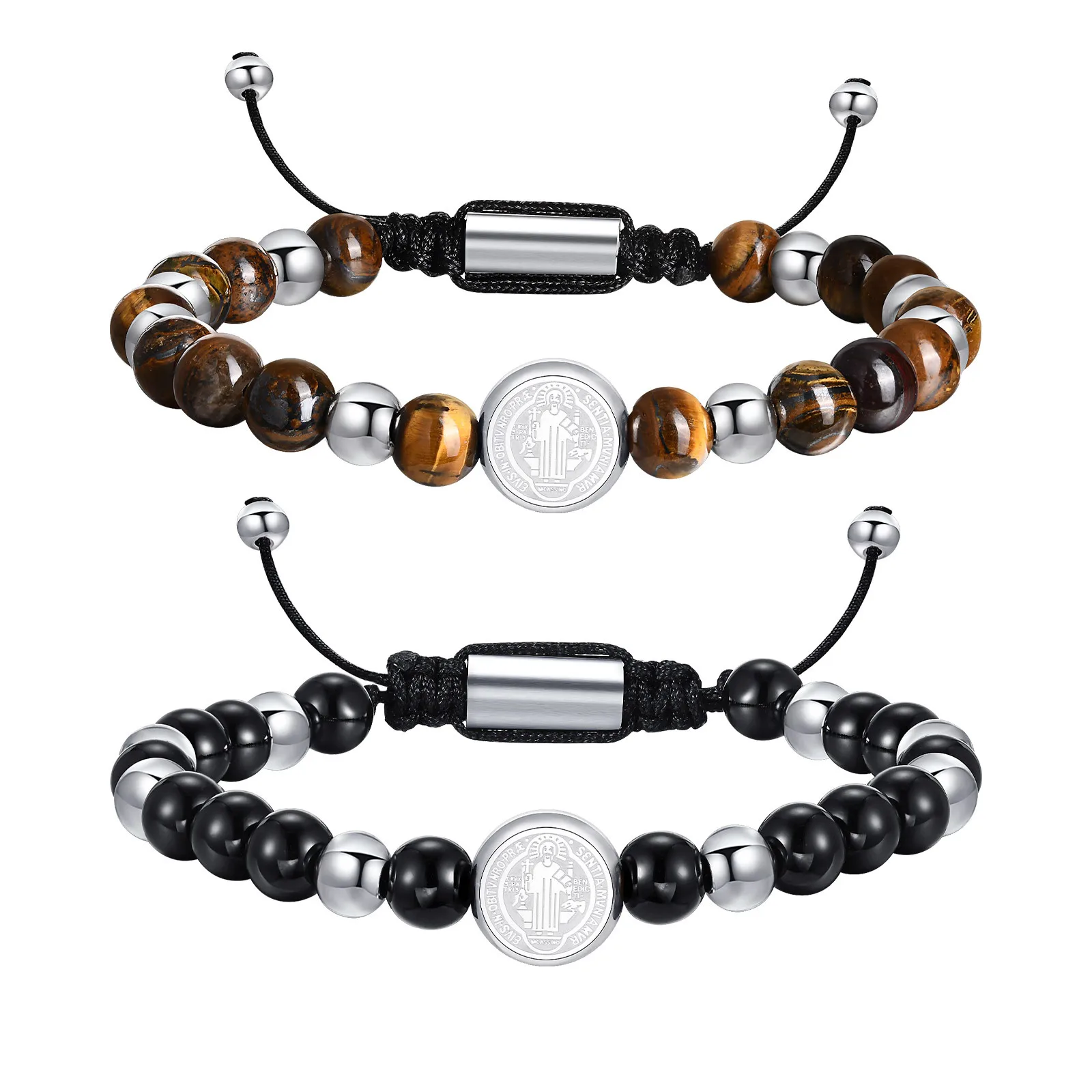 SaintBenedictBeadedBraceletsforMenBoys,AdjustableStainlessSteelRoundCharmsWristband,ChristianReligiousJewelryGift-AliExpress