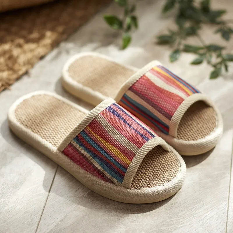 Striped Linen Slippers Cotton Sandals Summer Bath Cool Indoor Four Seasons Spring Autumn Home Korean Floor Male Female Couples