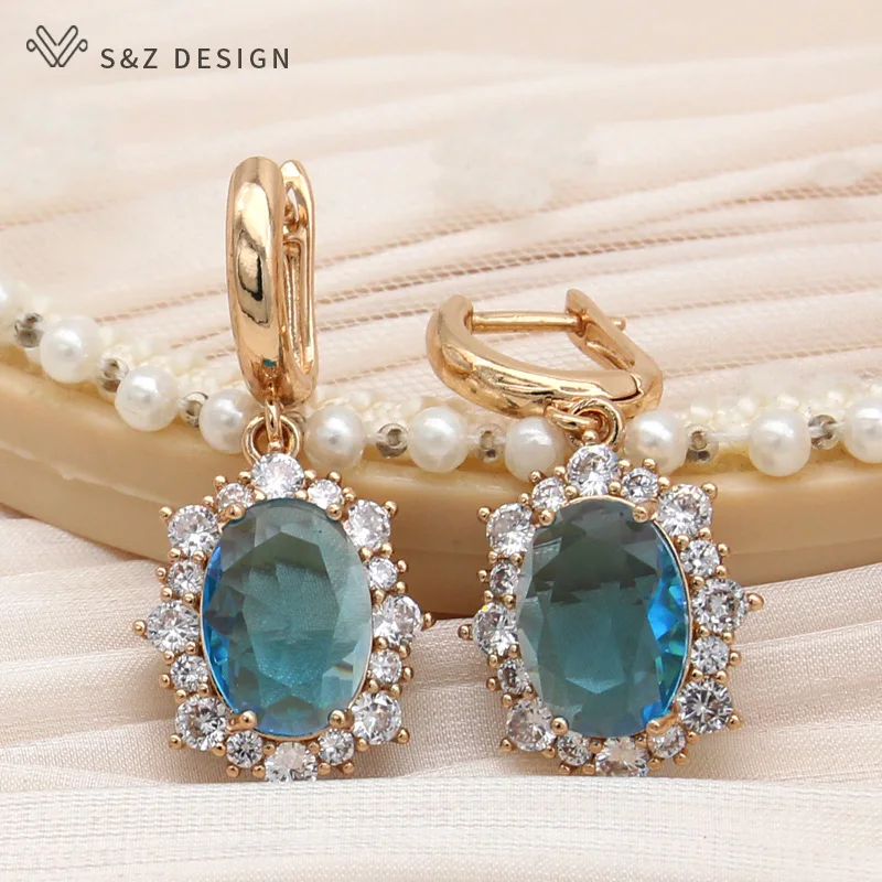 S&Z DESIGN New Fashion Egg Shape Oval Cubic Zirconia Dangle Earrings For Women Elegant Jewelry 585 Rose Gold Color Eardrop